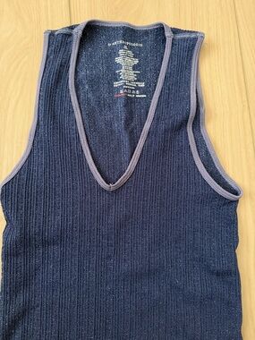 Anthropologie Navy Ribbed V-Neck Tank with Gray Trim